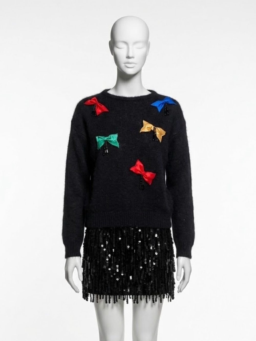 Vintage 80s Black Silk/Angora Bow Beaded Sweater Size Small Fuzzy Cozy Kitsch
